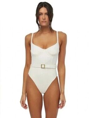 WEWOREWHAT Danielle Waffle-Texture Belted One-Piece Ivory Swimsuit Small